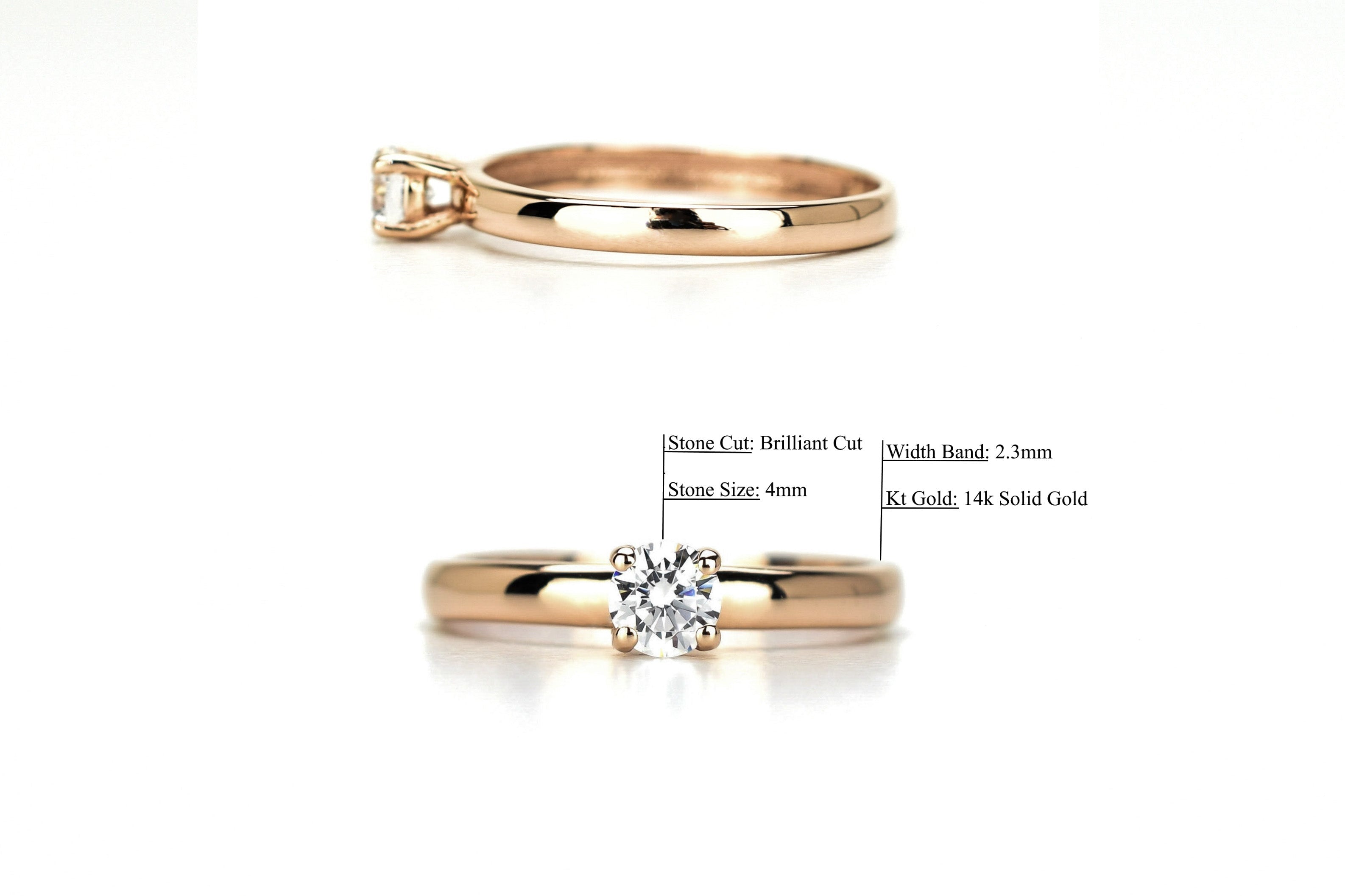 14k solitaire ring, Gouden Rose Ring, 14k gouden ring, gouden ring met steen, rose massief goud, verlovingsring goud, Trouwring goud, zijkant ring goud,