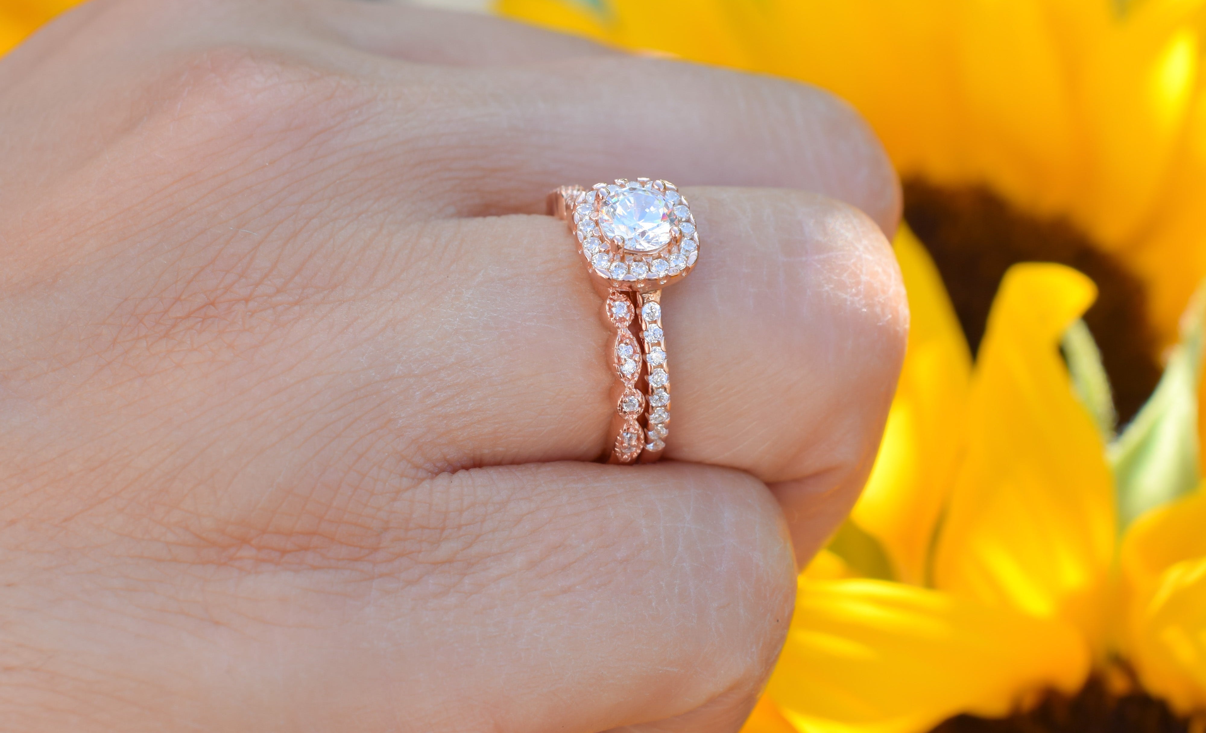 Ringset, Verlovingsring, trouwring, Halo ring, Zilveren ring, Gouden ringset, Solitaire ring, vriendschapsring, promise ring, Rose Gouden Ring, Art deco Ring