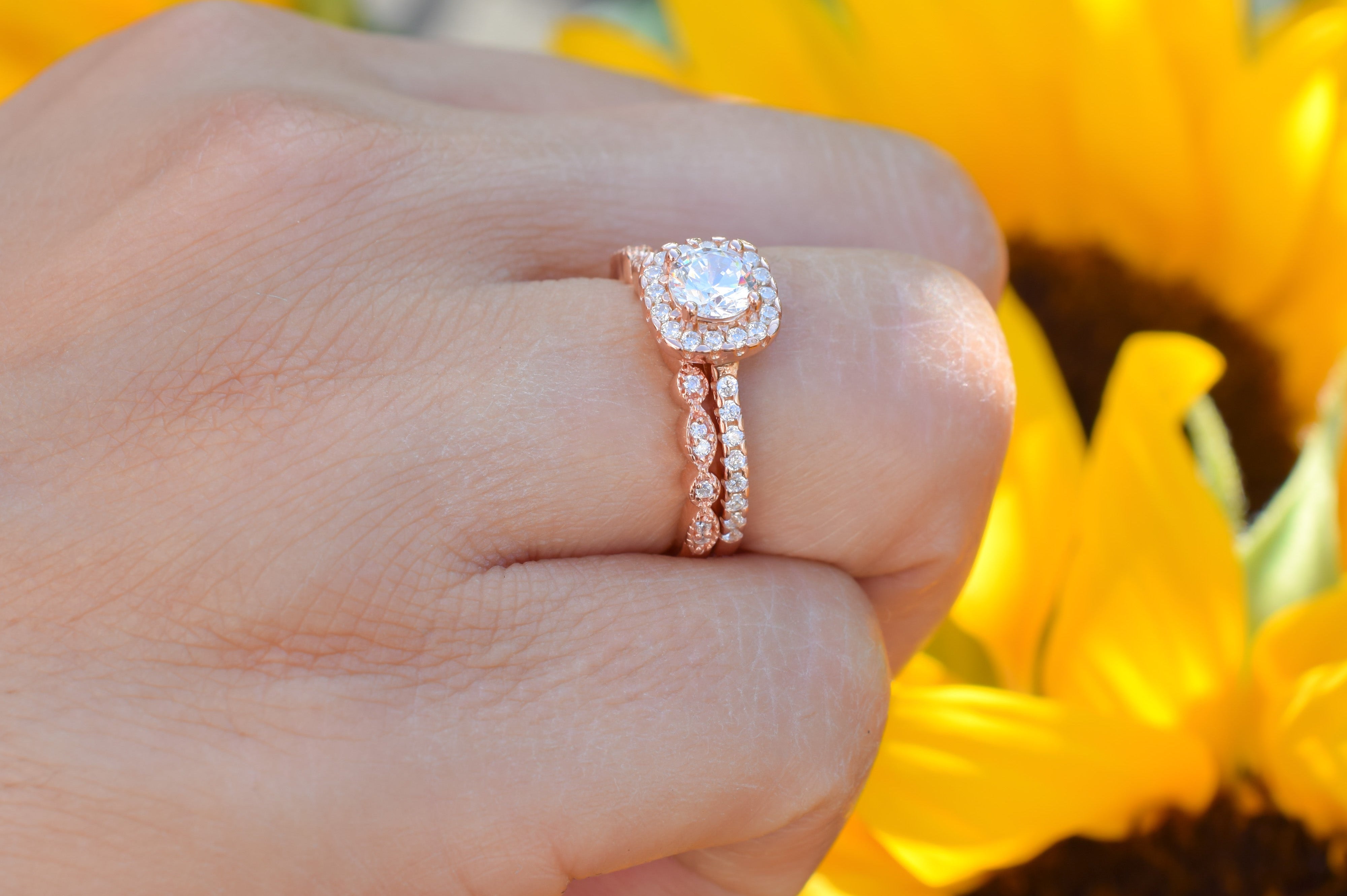 Ringset, Verlovingsring, trouwring, Halo ring, Zilveren ring, Gouden ringset, Solitaire ring, vriendschapsring, promise ring, Rose Gouden Ring, Art deco Ring