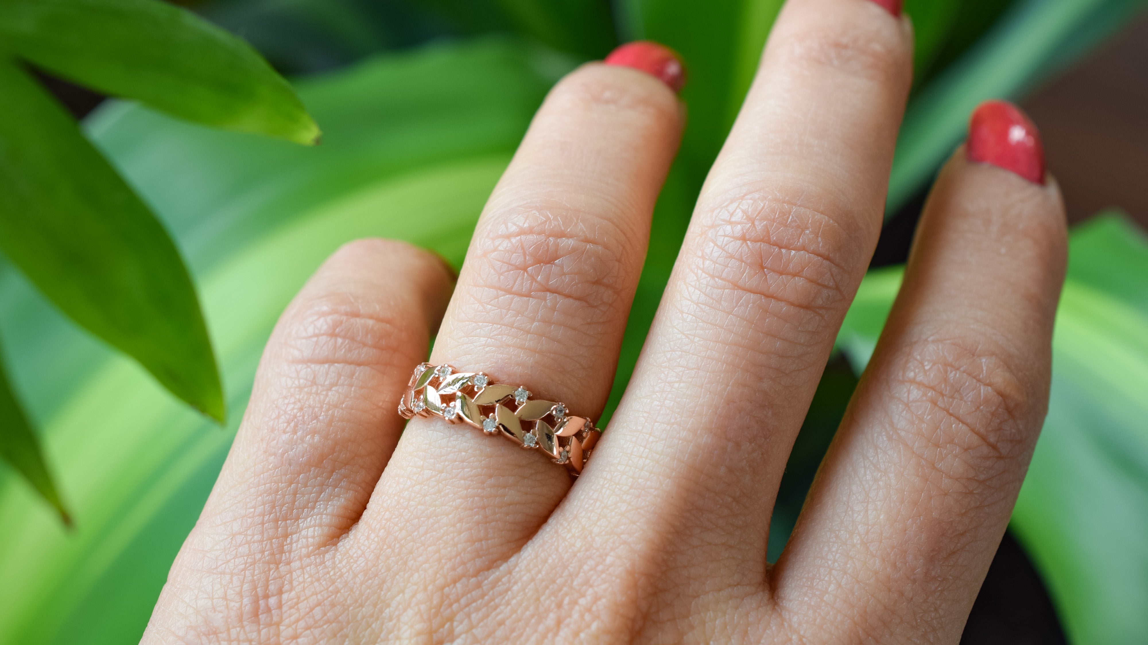 Leaf sparkle ring, 14 rose ring, ring blaadjes rose, gouden blaadjes ring, sieraden, zilveren nature ring