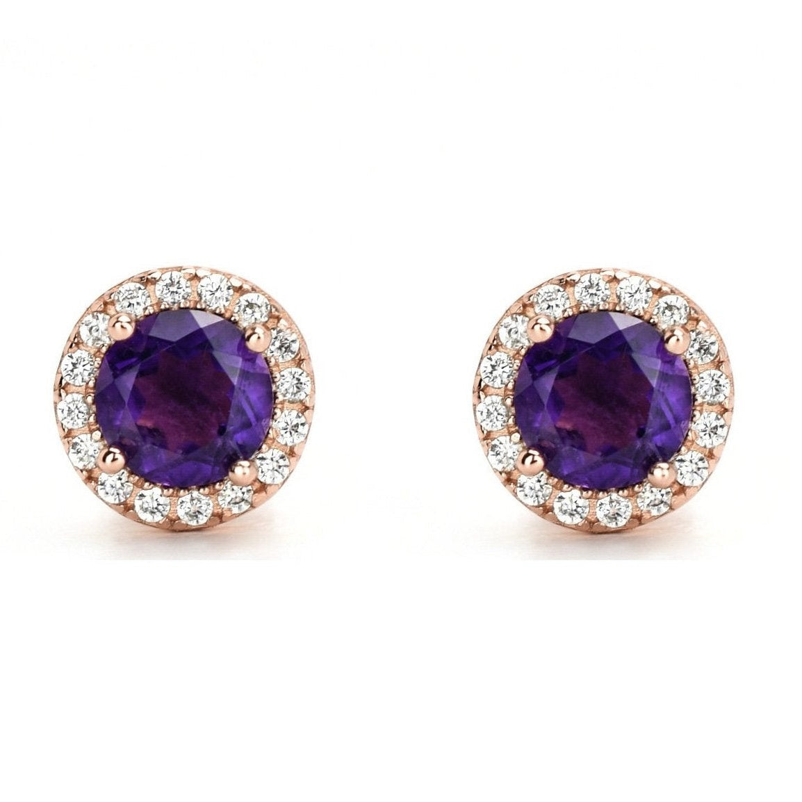 oorknoppen rond amethyst, paarse ronde oorbellen, amethyst paarse oorknoppen, halo oorbellen, kleine ronde oorbellen, birthstone oorbellen, geboortesteen oorbellen, gouden paarse oorbellen, rosegouden oorbellen, zilveren amethyst oorbellen