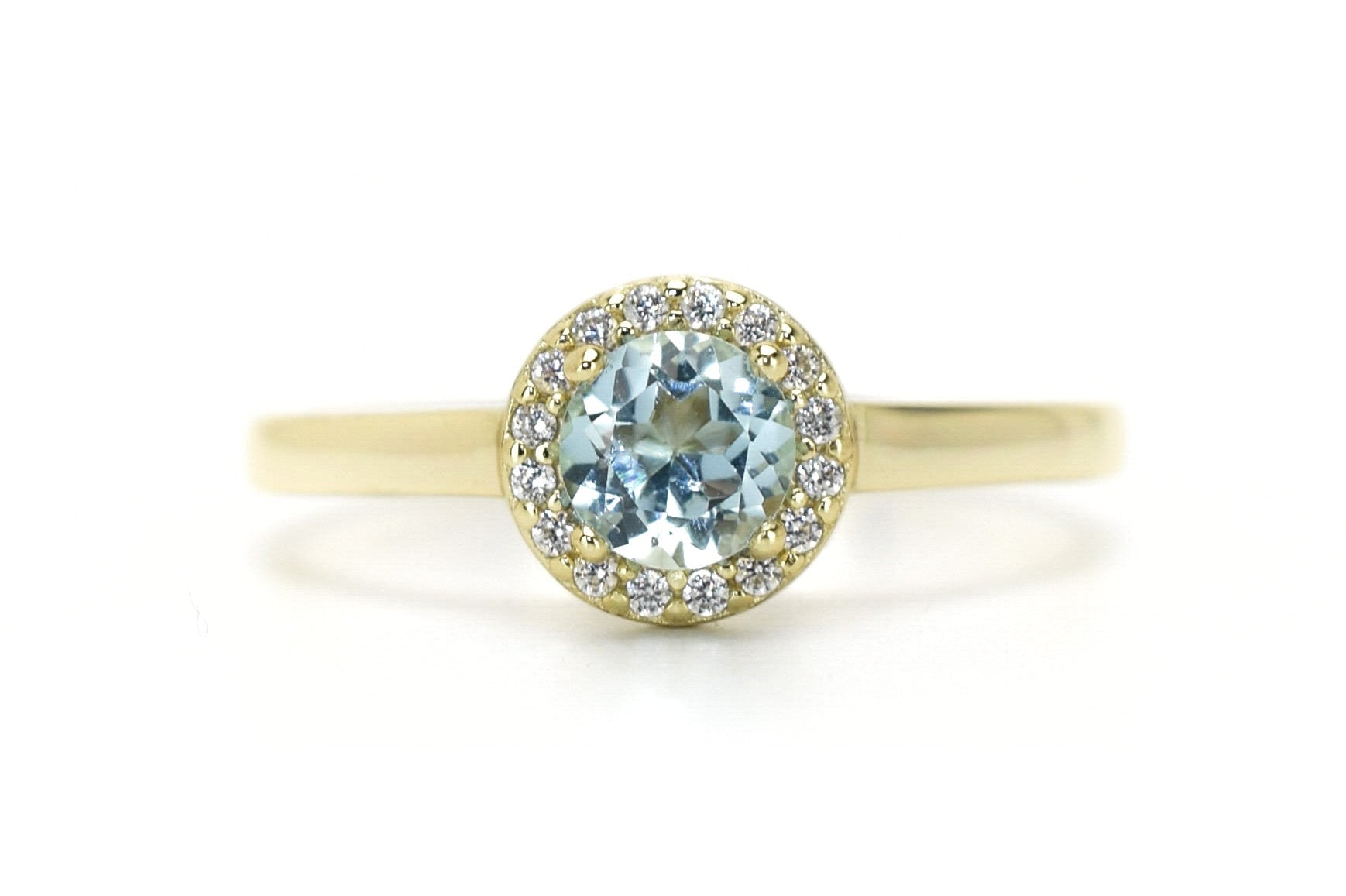 blauwe topaas ring, 18k gouden topaas ring, verlovingsring, halo ring, halo topaas ring,