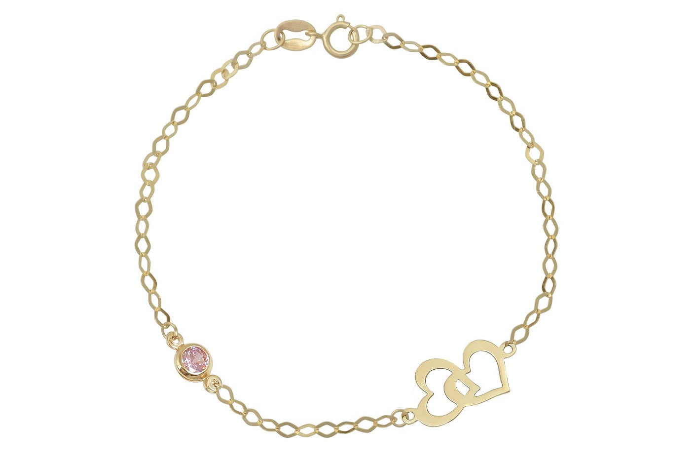 Dames gouden armband, dames armband, hartjes met steentje armband, dames armband met roze steentje en hartjes, dubbele hart armband, gouden dubbele hart met steen armband, prachtige dames armband