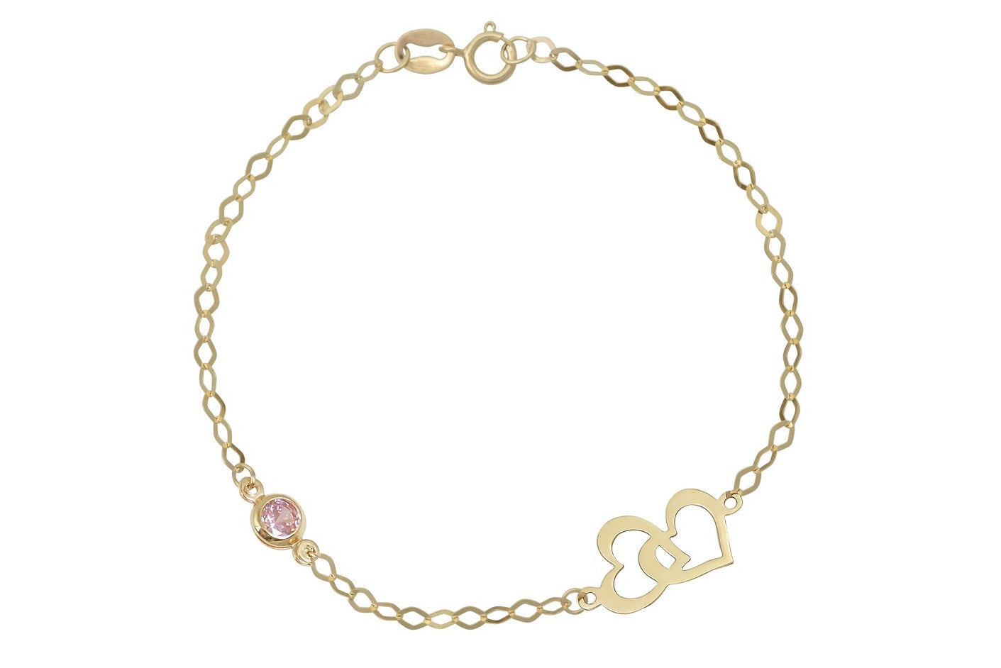 Dames gouden armband, dames armband, hartjes met steentje armband, dames armband met roze steentje en hartjes, dubbele hart armband, gouden dubbele hart met steen armband, prachtige dames armband