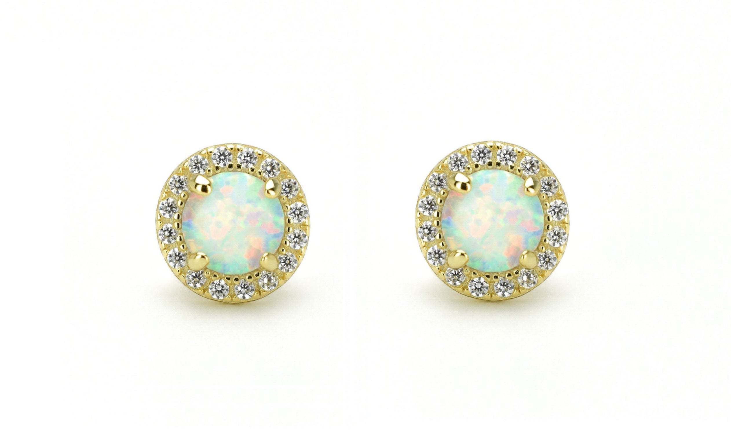 Opaal oorbellen gouden opaal oorbellen, opaal zilveren oorbellen, rosegouden opaal oorbellen, ronde opaal oorbellen, witte stenen oorbellen, birthstone opal, geboortesteen oorbellen, sieraden opaal, oktober sieraden, opaal ronde oorknoppen