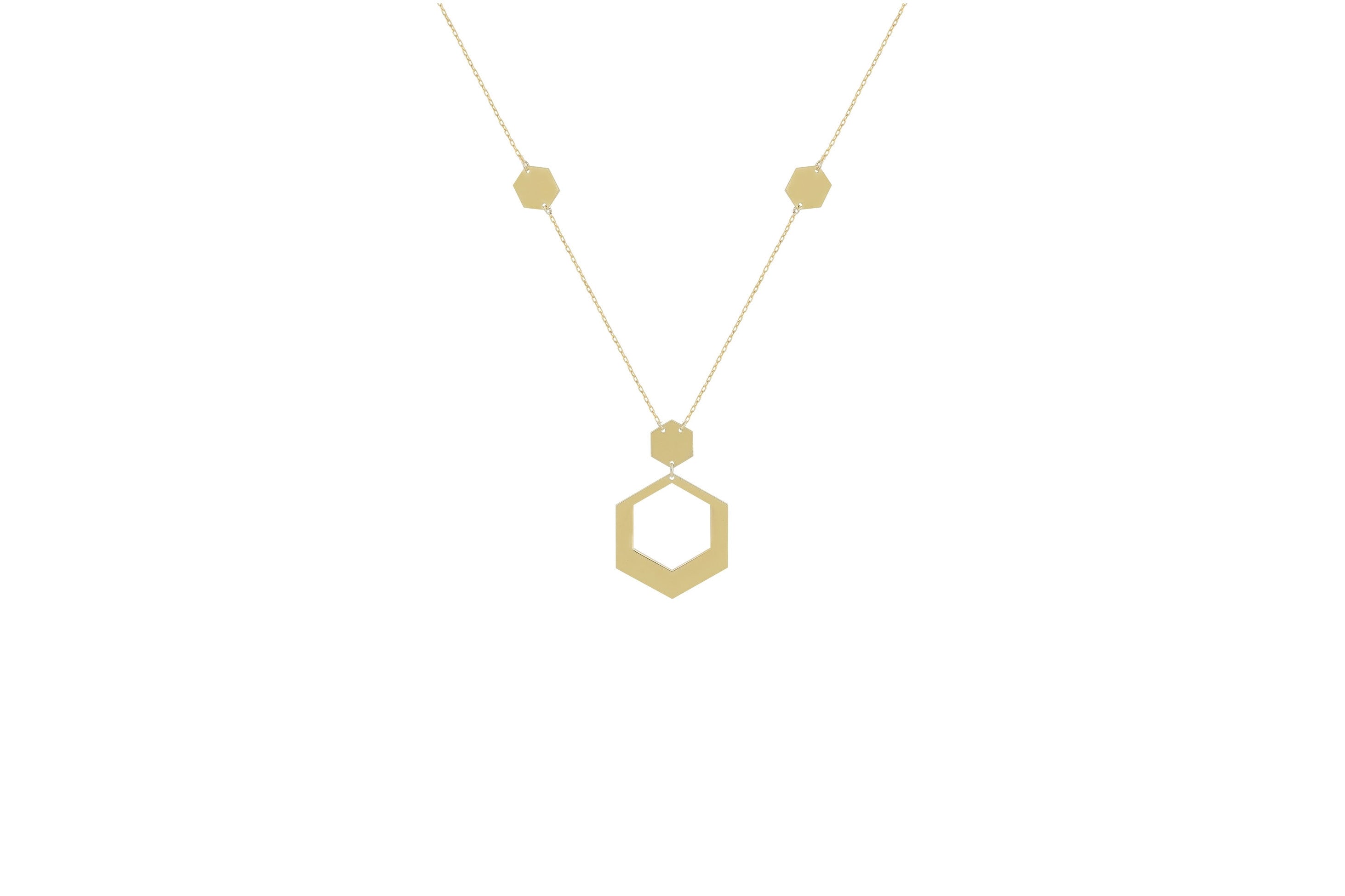 ketting goud, 14k goud ketting met hanger, gouden 14k ketting met zeshoekige hangers, ketting goud met zeshoekhanger