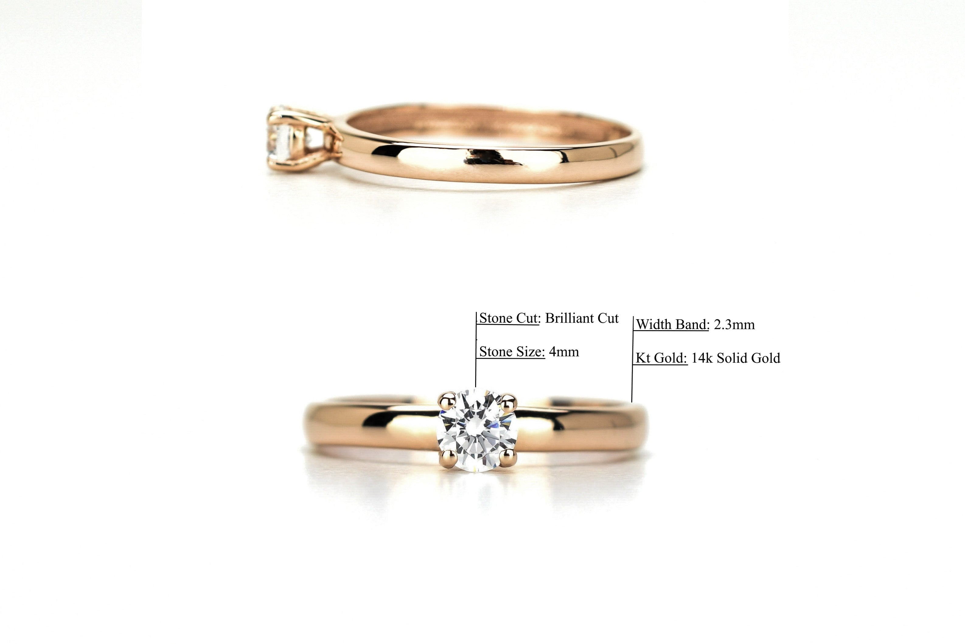 14k solitaire ring, Gouden Rose Ring, 14k gouden ring, gouden ring met steen, rose massief goud, verlovingsring goud, Trouwring goud, zijkant ring goud, 