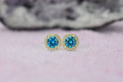 Aquamarijn soorbellen, oorbellen aquamarijn goud, zilveren aquamarijn oorbellen, blauwe oorbellen, ronde oorsieraden, aquamarijn sieraden, birthstone oorbellen, geboortesteen oorbellen maart, natturstenen aquamarijn, halo oorbellen, aquamarijn rosegoud oorbellen