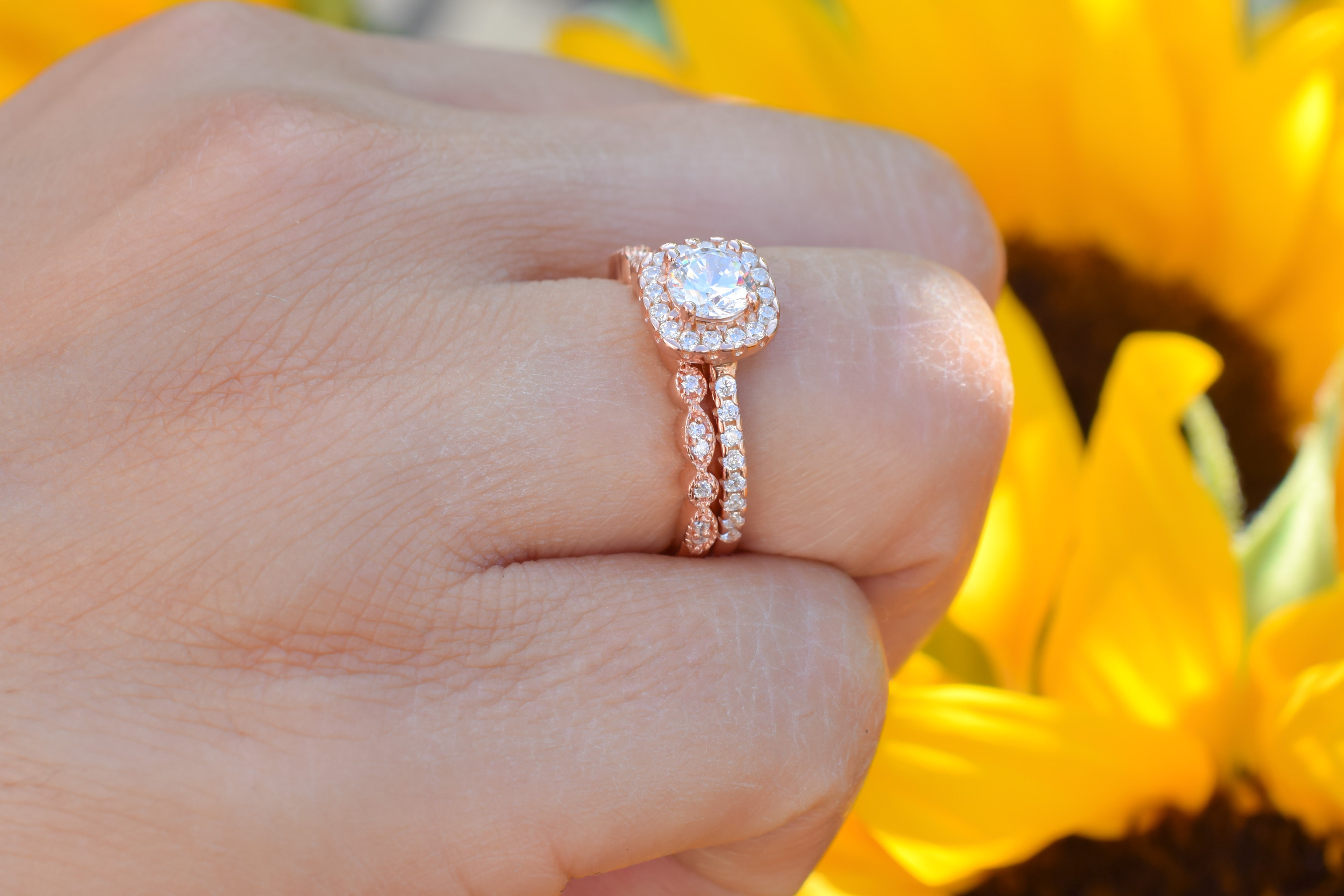 Ringset, Verlovingsring, trouwring, Halo ring, Zilveren ring, Gouden ringset, Solitaire ring, vriendschapsring, promise ring, Rose Gouden Ring, Art deco Ring