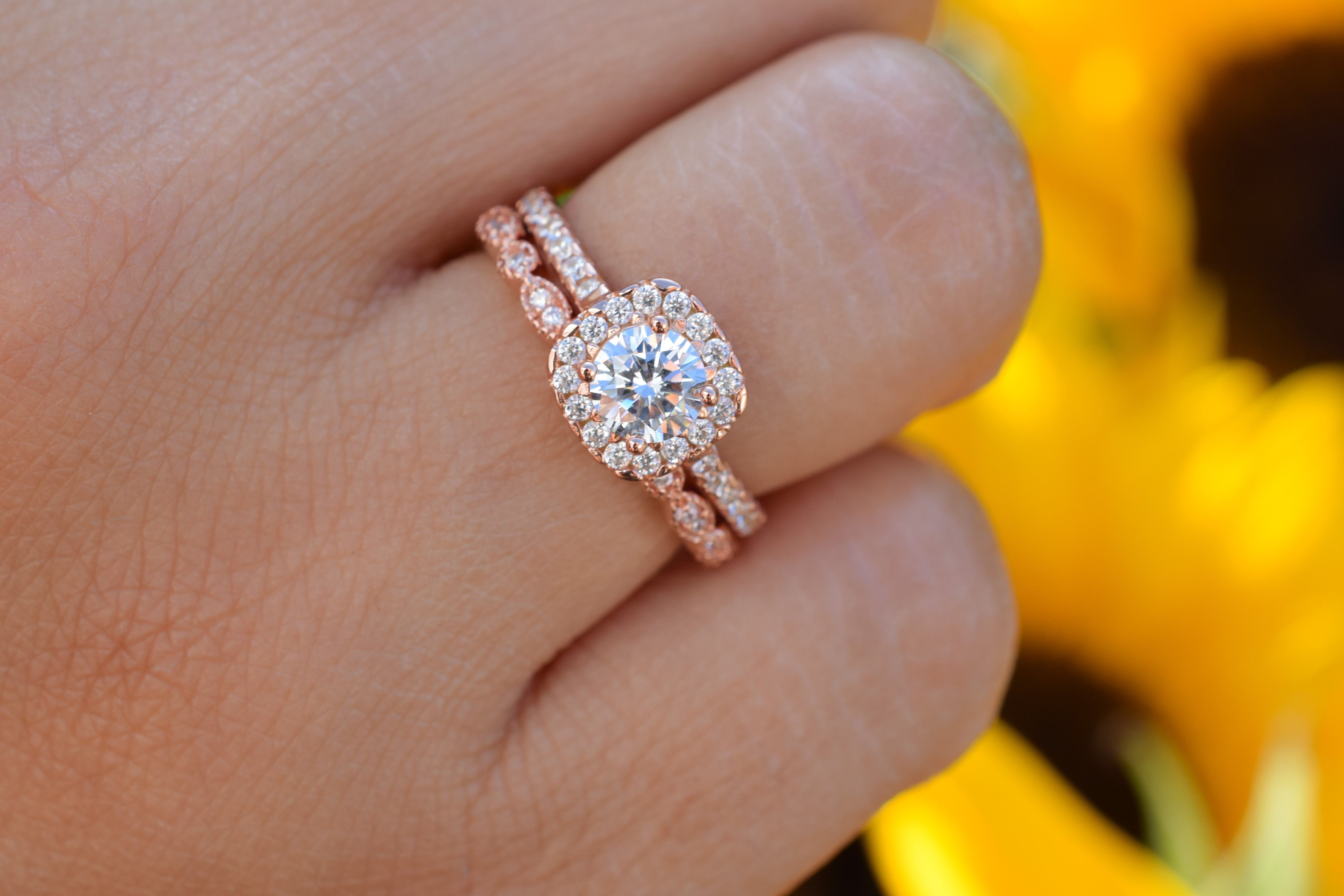 Ringset, Verlovingsring, trouwring, Halo ring, Zilveren ring, Gouden ringset, Solitaire ring, vriendschapsring, promise ring, Rose Gouden Ring, Art deco Ring