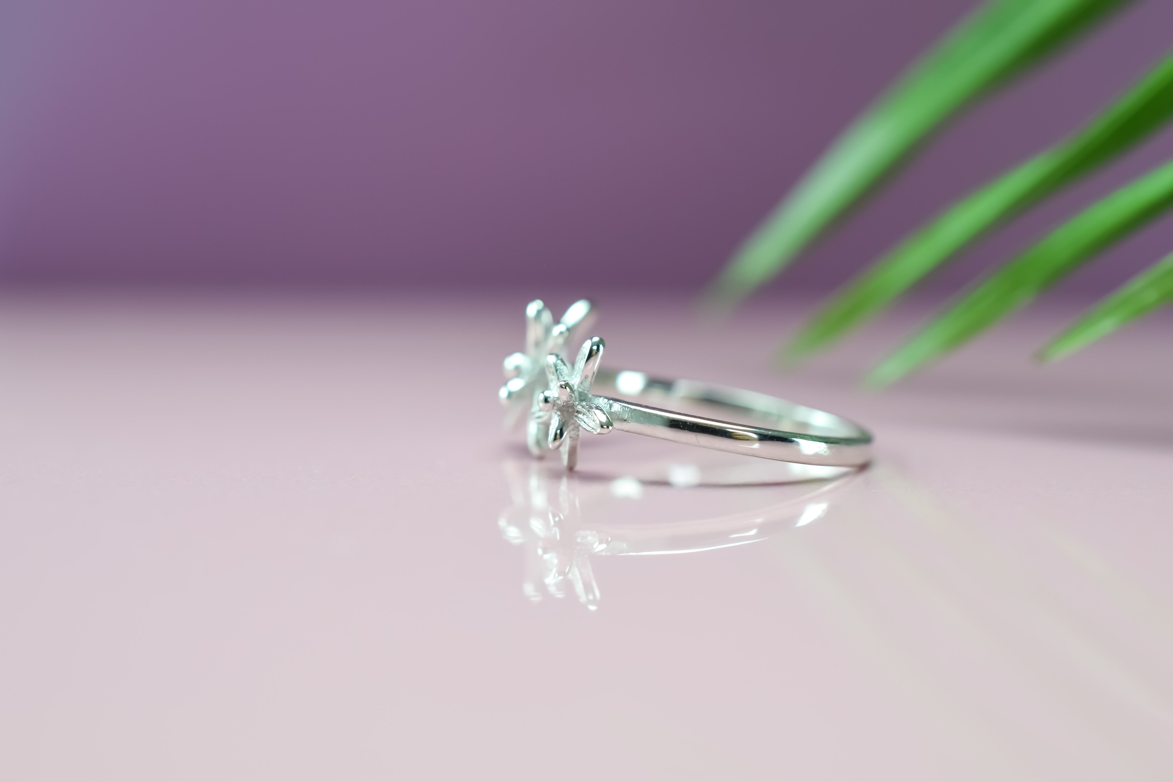 Bloemenring zilver, zilveren ring met bloemen, 2 bloemen open ringen, ring zilver met twee bloemen