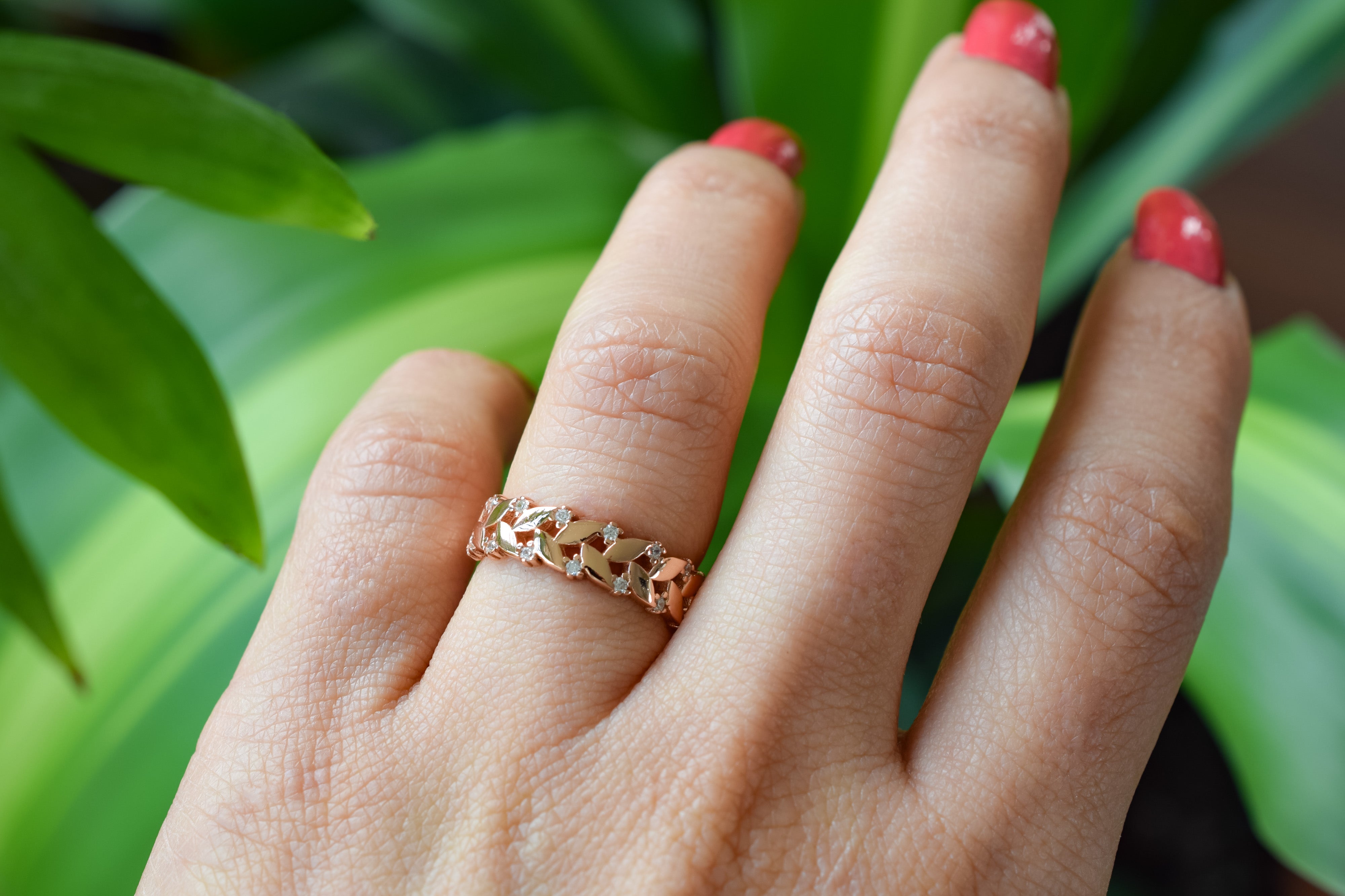 Leaf sparkle ring, 14 rose ring, ring blaadjes rose, gouden blaadjes ring, sieraden, zilveren nature ring