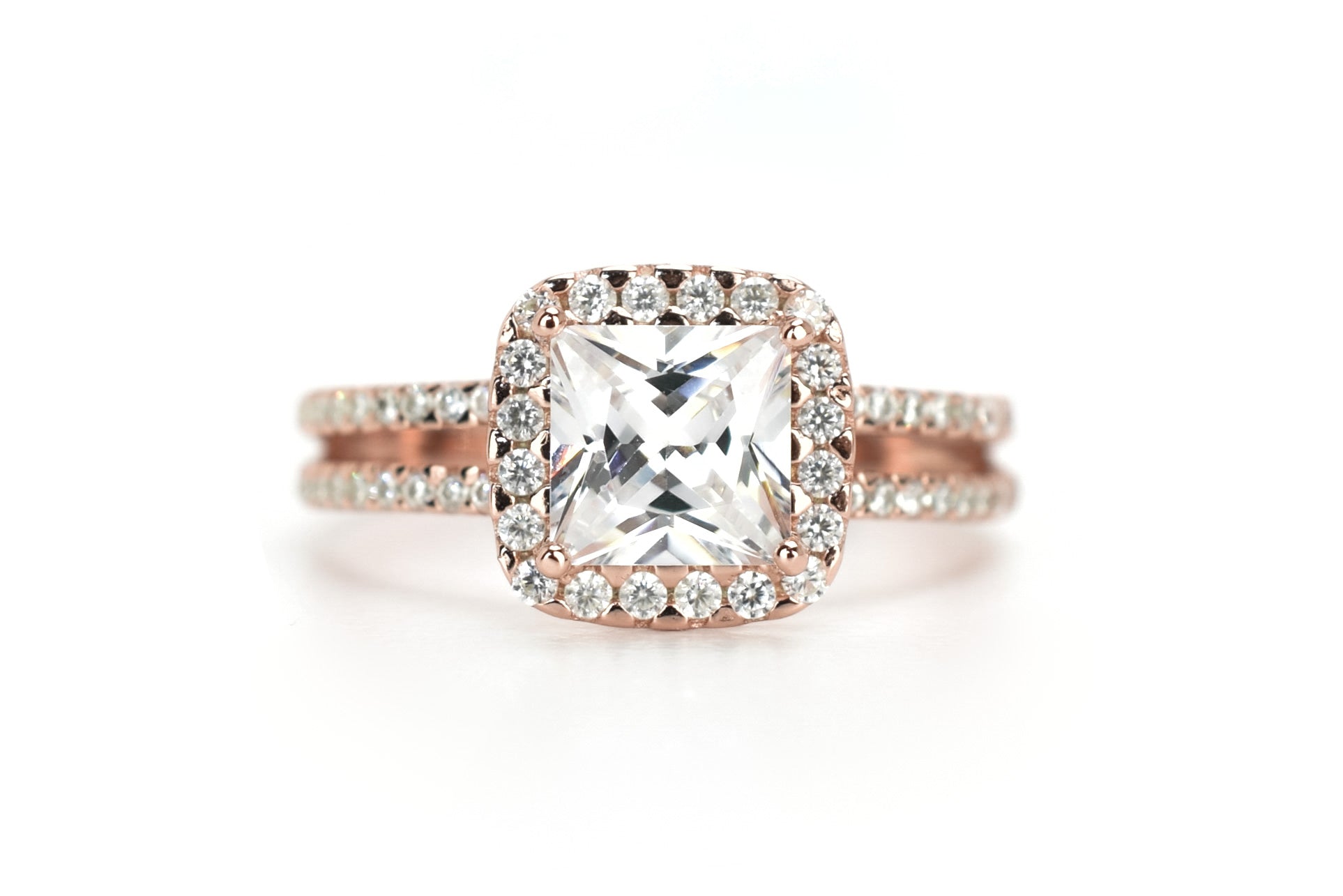 rose goud ring, dubbele rose ring, 18k rose ring, dubbele ring rosegoud, prinsesgeslepen ring, grote steen ring, vierkante steen, velovingsring, zilveren verlovigsring
