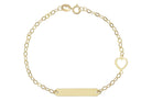 Naamplaatje armband, 14k kinder armband met naamplaatje, 14k plaatarmband met hartje, baby armband goud, naamplaatje 14k met hartje, schakelarmband kinderen, 14k graveer armband met open hartje 