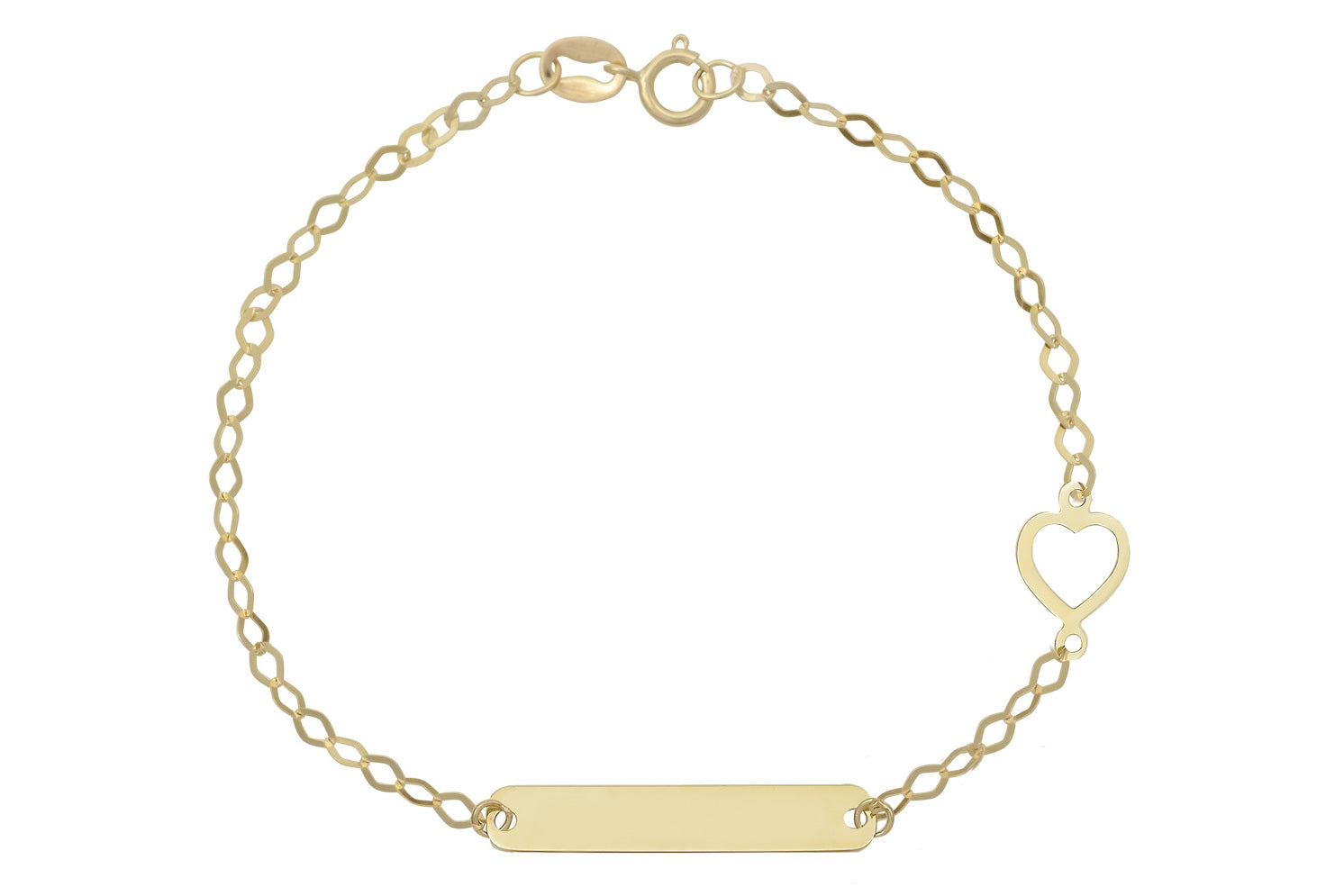 Naamplaatje armband, 14k kinder armband met naamplaatje, 14k plaatarmband met hartje, baby armband goud, naamplaatje 14k met hartje, schakelarmband kinderen, 14k graveer armband met open hartje 