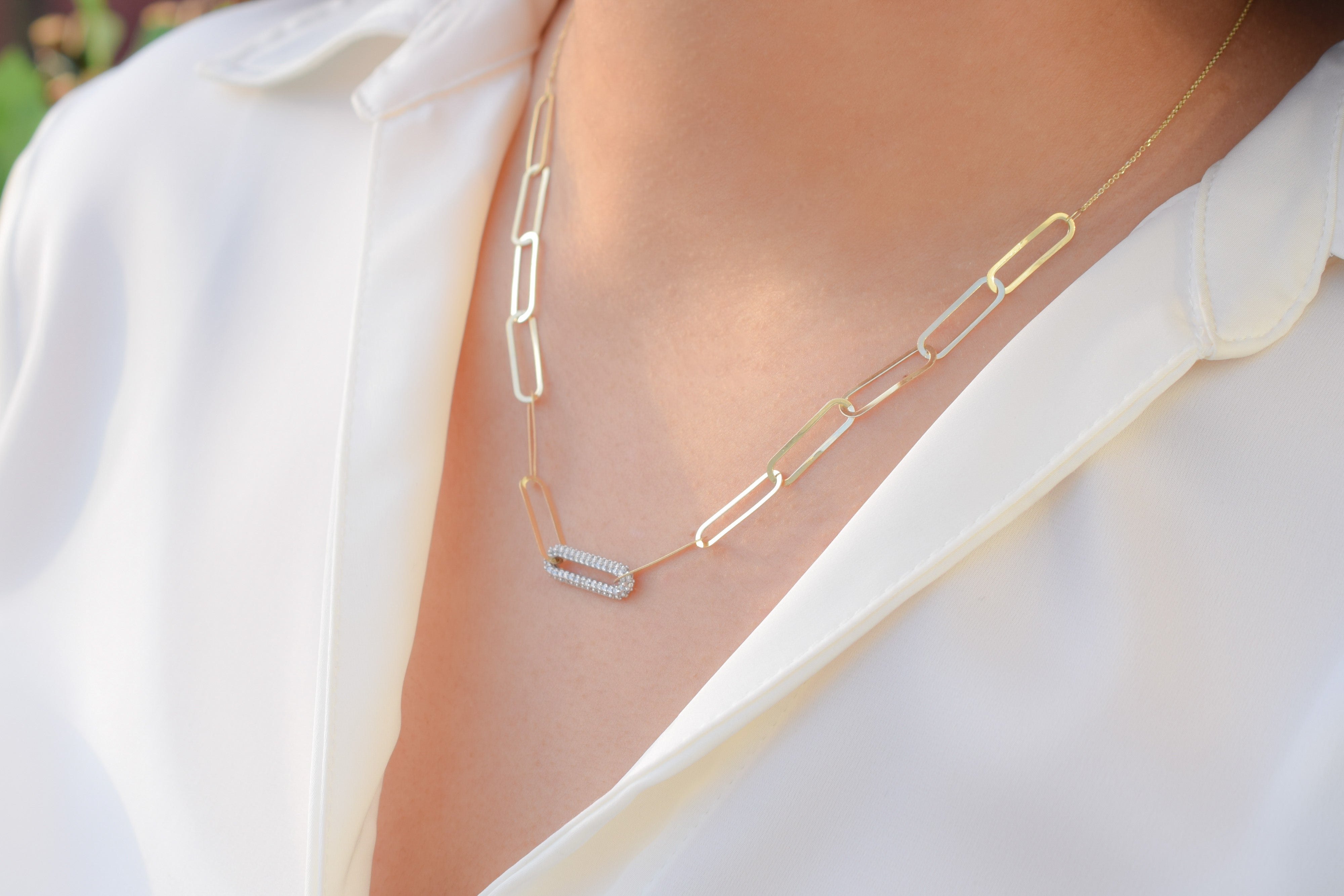 schakelketting goud, 14k ketting met stenen, stenen gouden ketting, paperclip ketting goud